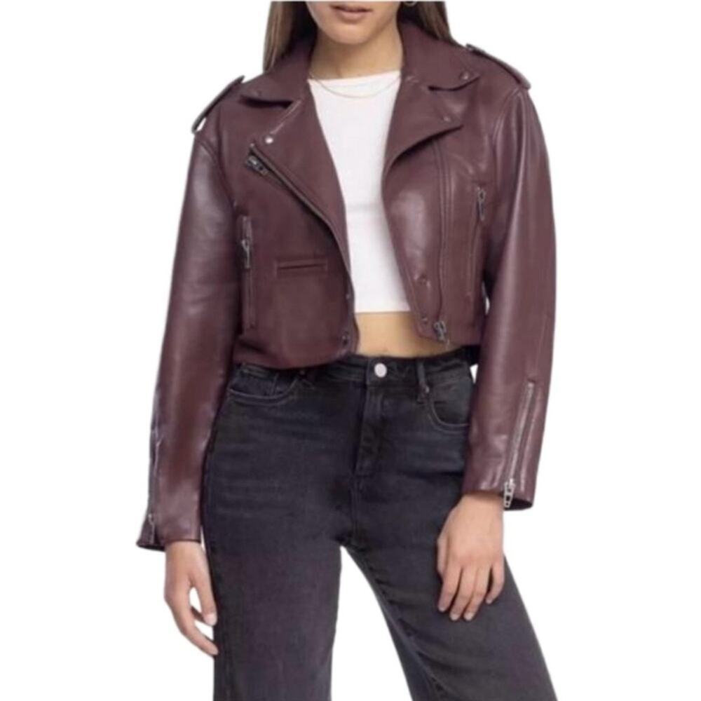 NWT BLANKNYC Plum Burgundy Faux Leather Cropped Moto Jacket Size S